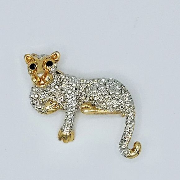 Cheetah Leopard Brooch Pendant Vintage Big Cat Enamel Eyes Jaguar Nugget Pin - Picture 2 of 9